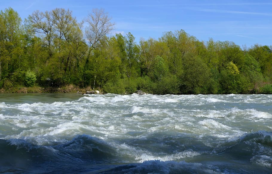 water waves near trees under blue sky, river, current, whirlpool HD wallpaper
