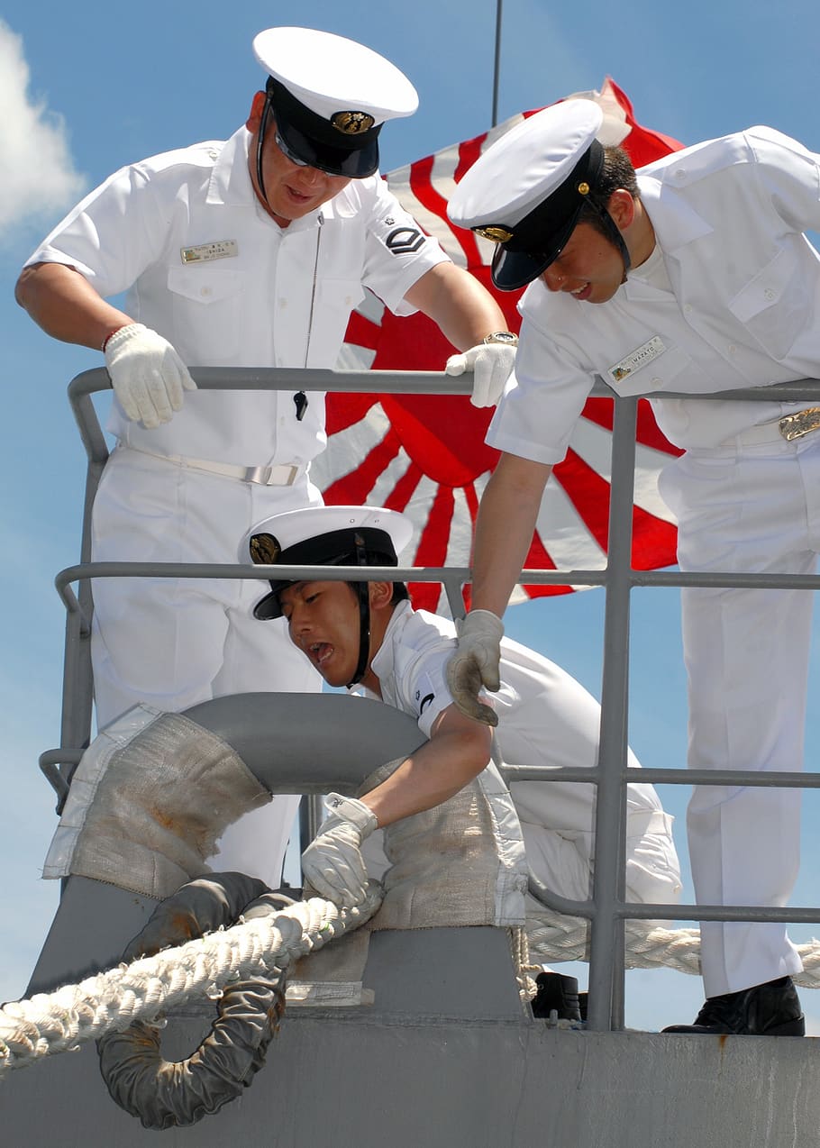japanese, navy, sailors, ship, outside, rail, railing, mooring, HD wallpaper