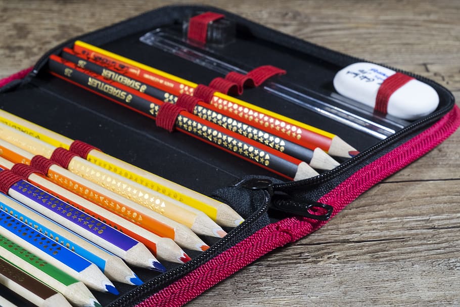 assorted-color pencils with eraser on pouch, back to school, pencil cases