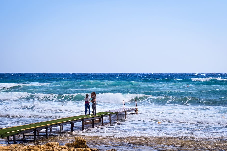 Waves, Pier, Coast, Couple, Rough, Sea, rough sea, scenery HD wallpaper