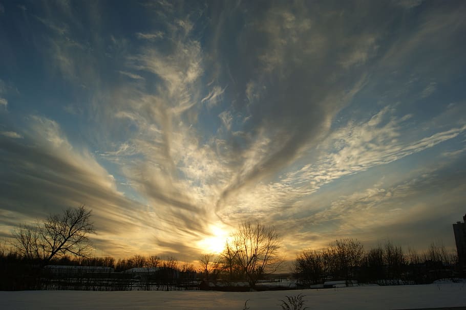 sky filled with clouds, landscape, sunset, winter, evening, sunset sky