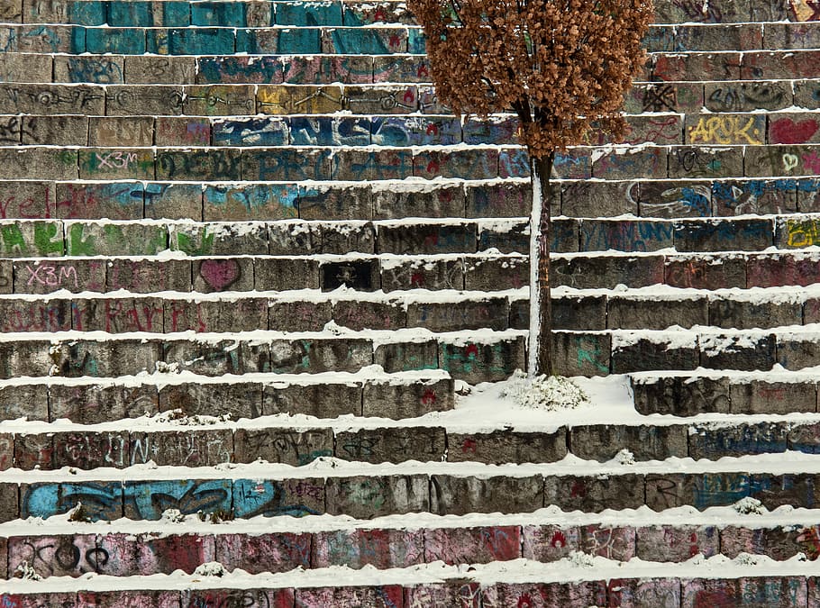 snow covered stairs and tree, snow covered staircase, graffiti HD wallpaper