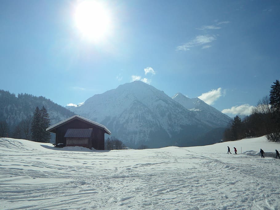 Wintry, Back Light, Winter, Snow, Allgäu, mountains, hut, alpine HD wallpaper