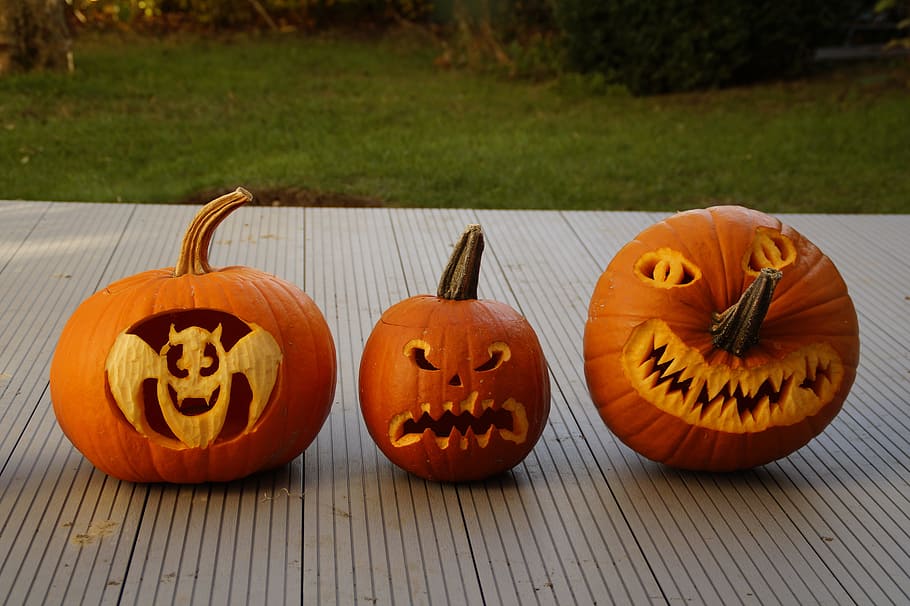 three brown pumpkin decors, halloween, halloweenkuerbis, carved