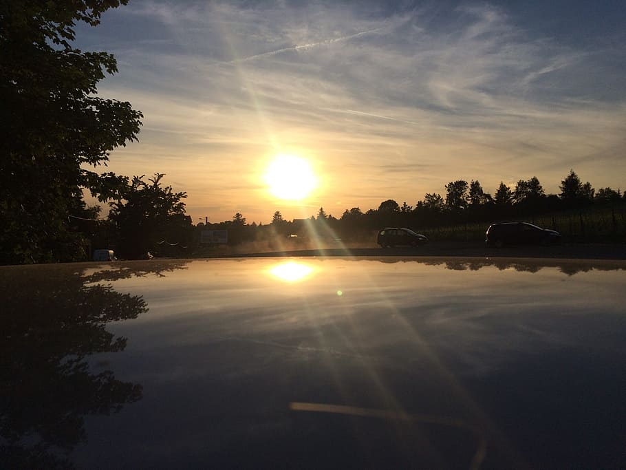 the sun, reflection, west, nature, holidays, sky, sunset, tree HD wallpaper