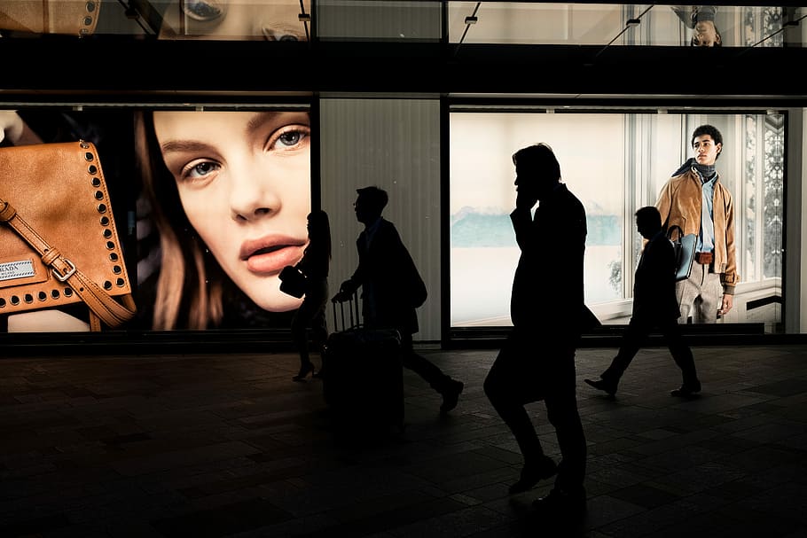 silhoutte of three persons near billboard, silhouette of people walking near posters, HD wallpaper