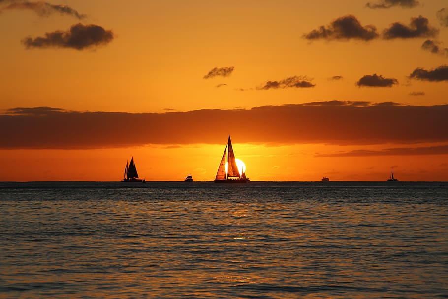 hawaii, sailing boat, sunset, beach, sea, summer, ocean, ship, HD wallpaper