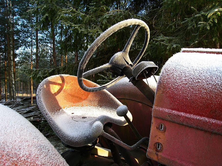 Tractor, Steering Wheel, Frost, Tree, forest, seat, outdoors HD wallpaper