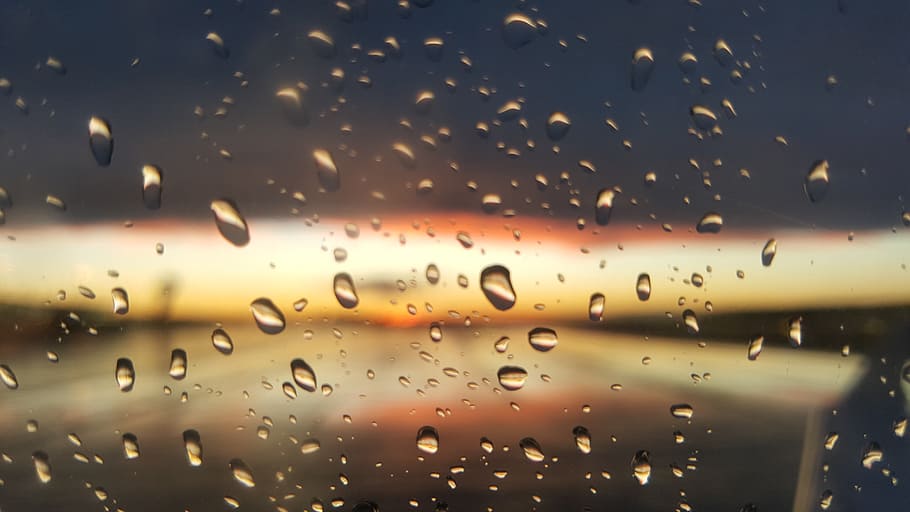 water dew on glass window, rain, drip, evening, sun, raindrop HD wallpaper