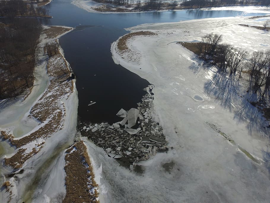 drone, ice flow, river, water, cold temperature, winter, frozen HD wallpaper
