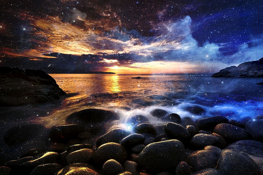 body of water wallpaper, sunset, dusk, evening, nature, rock HD wallpaper