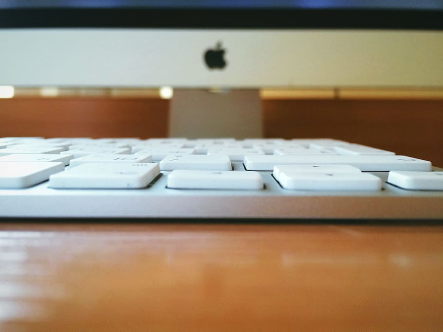 White Computer Keyboard on Brown Wooden Table, apple, desk, imac HD wallpaper