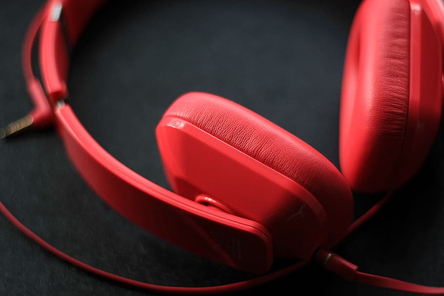 photo of red corded headphones, music, entertainment, sound, audio