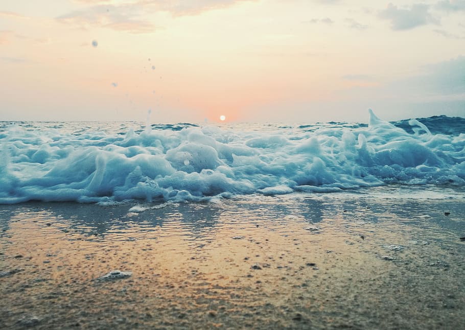 wave, beach, sunset, sea, sky, sand, romantic, relaxation, water HD wallpaper