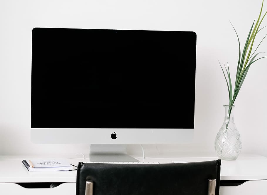 Home Office, iMac on white wooden table near glass vase, apple HD wallpaper