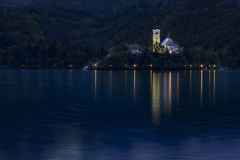 bled, slovenia, island, night, lights, pond, water, reflection, HD wallpaper