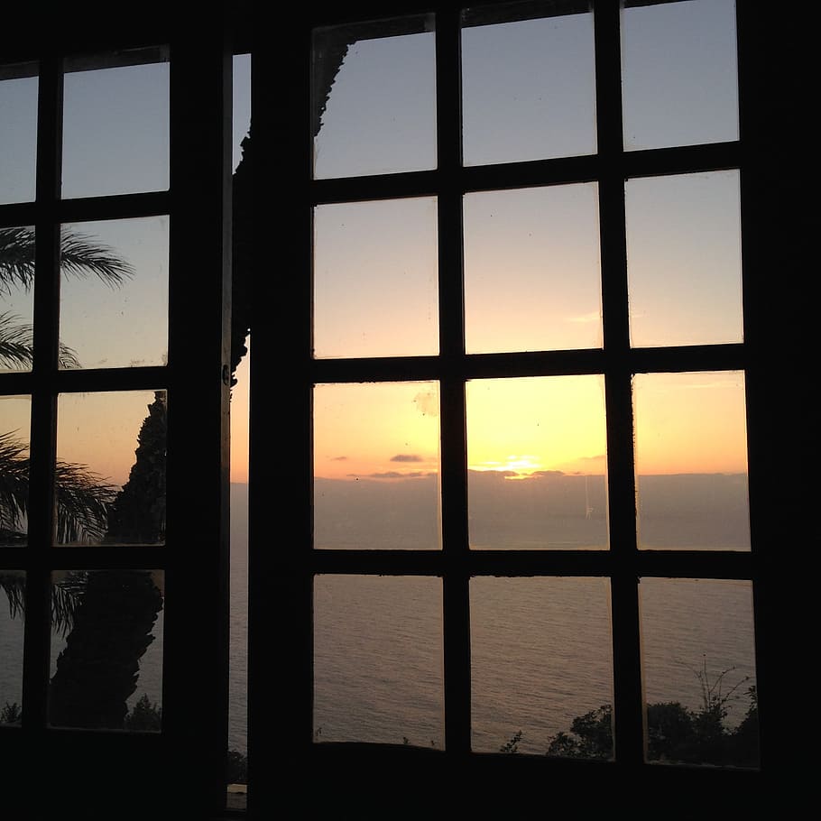sunset, view, window, nature, sky, sunlight, summer, evening HD wallpaper