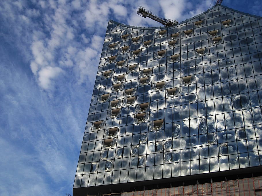 elbphilharmonie südansicht, major project, clouds reflected, HD wallpaper