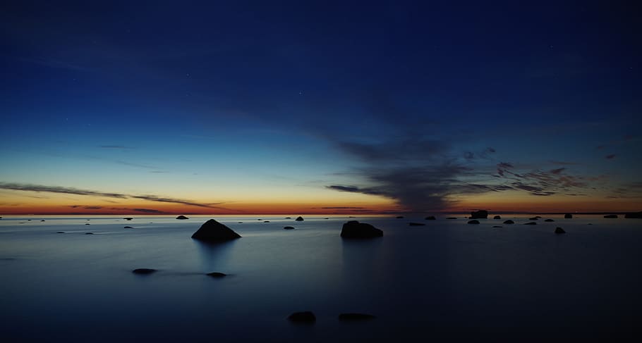 Body of Water Under Blue Skies during Golden Hour, clouds, dusk HD wallpaper