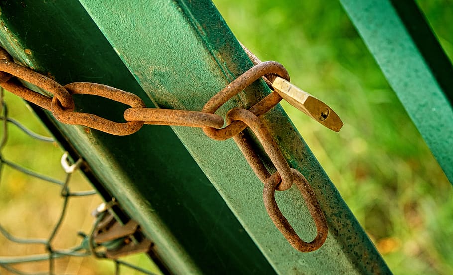 Fence, Chain, Padlock, Capping, Metal, green, brown, stainless HD wallpaper