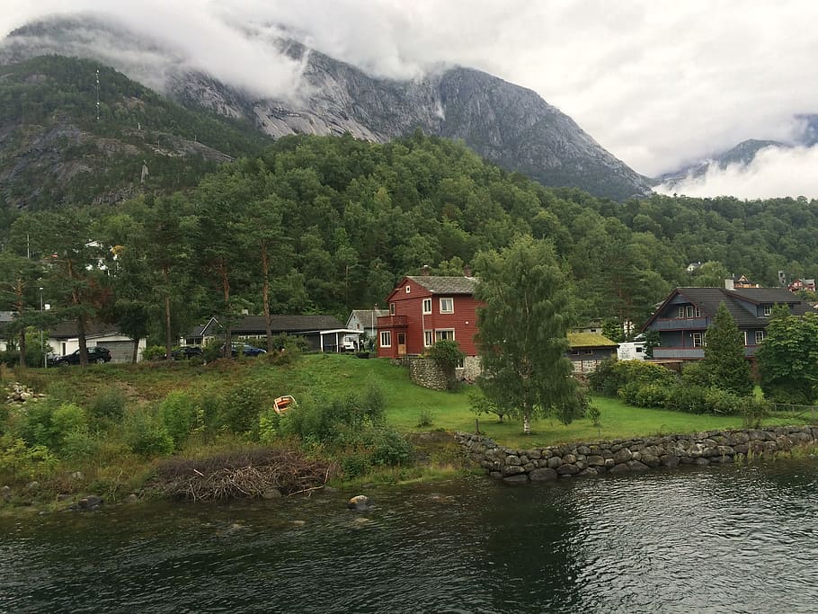 norway, forest, alpine, river, mountain, built structure, architecture HD wallpaper