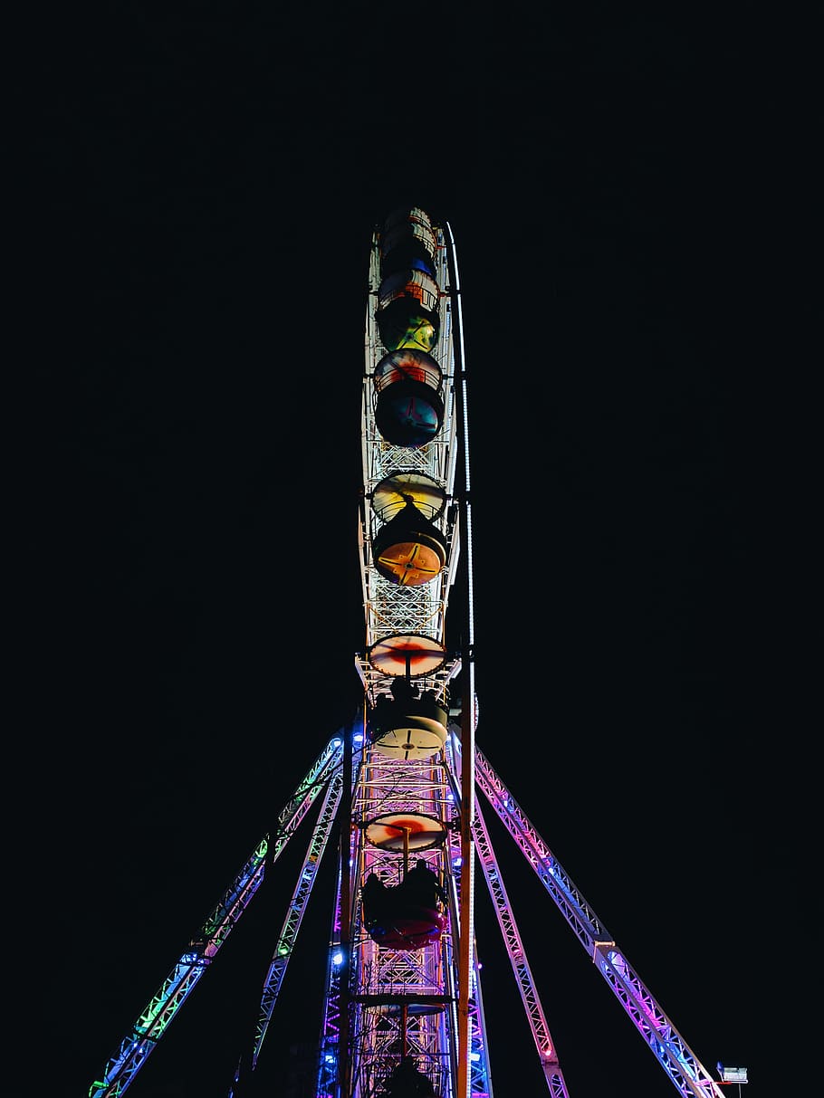 lighted Ferris wheel during nighttime, people riding on lighted Ferris wheel at night, HD wallpaper