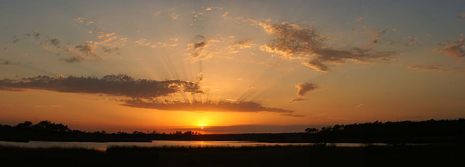 sunset, dawn, water, panoramic, landscape, panorama, travel