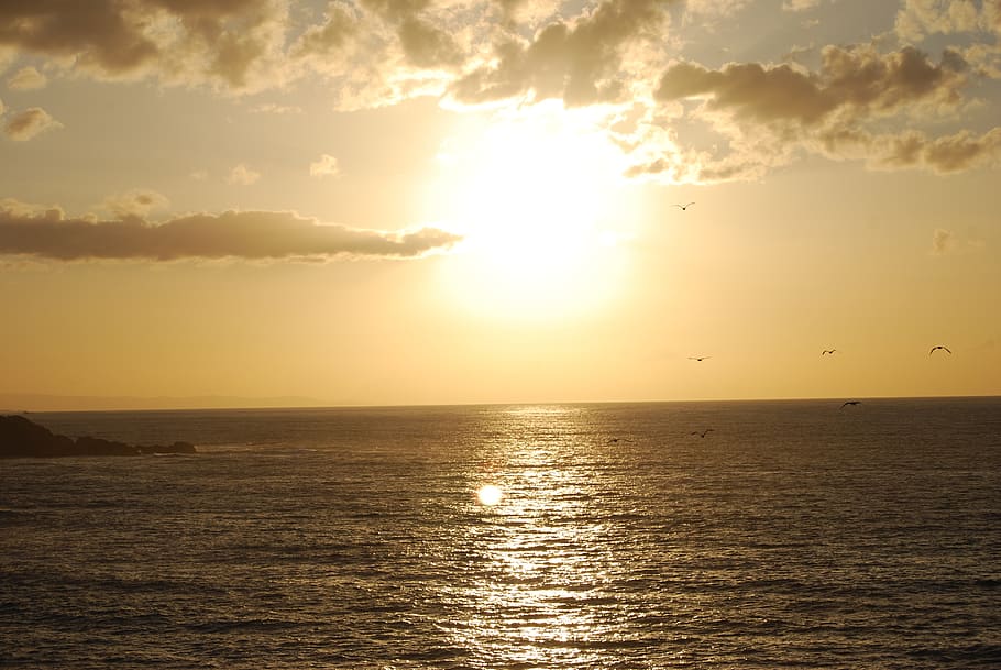 sea, asturias, clouds, sun, landscape, sky, sunset, bay of biscay, HD wallpaper
