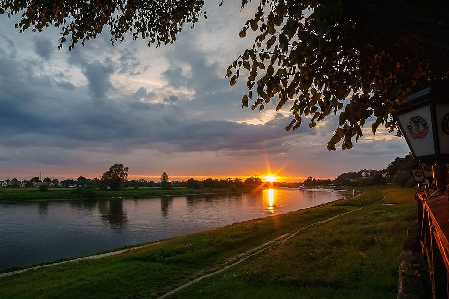 elbe, river, atmospheric, sky, sunset, water, tree, cloud - sky HD wallpaper