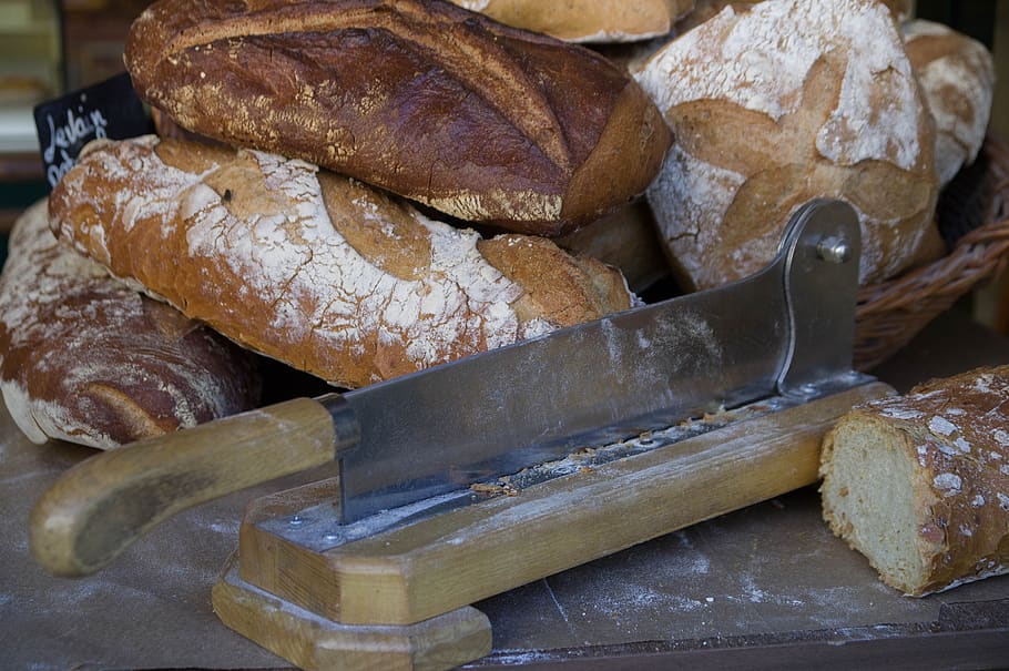 breads, bakery, knife, flour, crust, food, food and drink, still life HD wallpaper