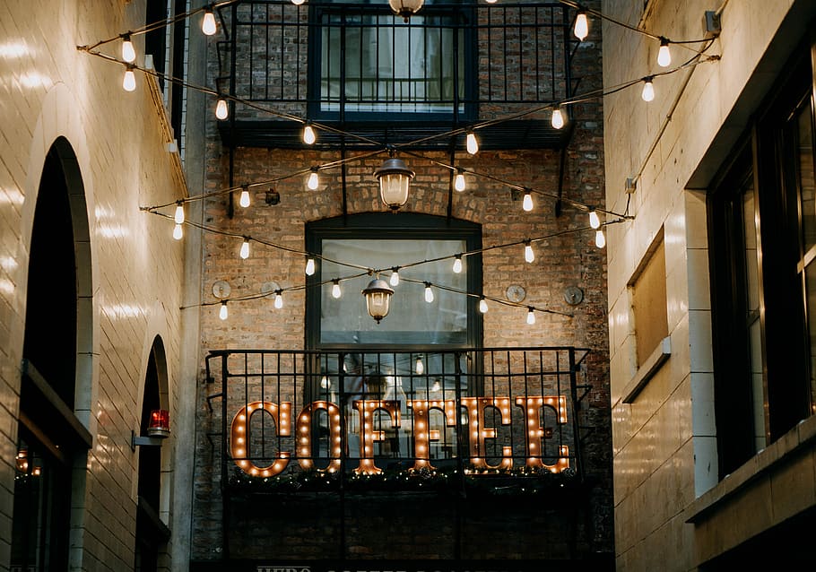 brown Coffee LED signage between buildings, neon light coffee signage HD wallpaper