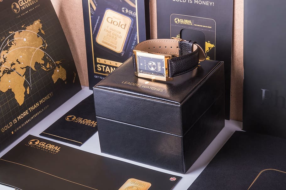 gold-colored analog watch on box, gift, black, brochure, old-fashioned HD wallpaper