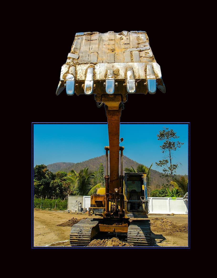 excavators, backhoe bucket, frame, no people, nature, sky, architecture HD wallpaper