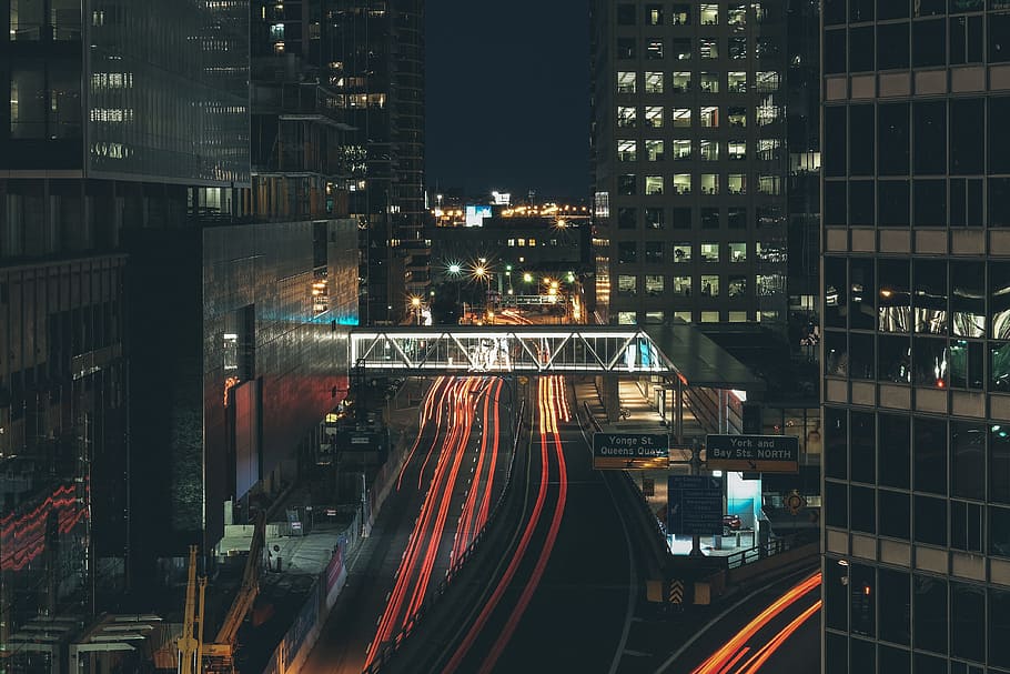 time lapse photo of vehicle on road during night time, top view timelapse photo of city street HD wallpaper
