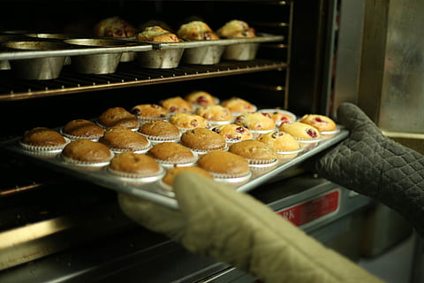 person holds tray of muffins on tray, person taking the cupcake in oven HD wallpaper