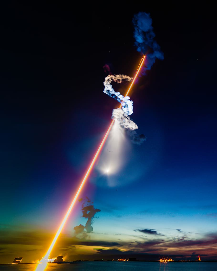 rocket launched at nighttime, ray beams from sky, nasa, kennedy space center, HD wallpaper