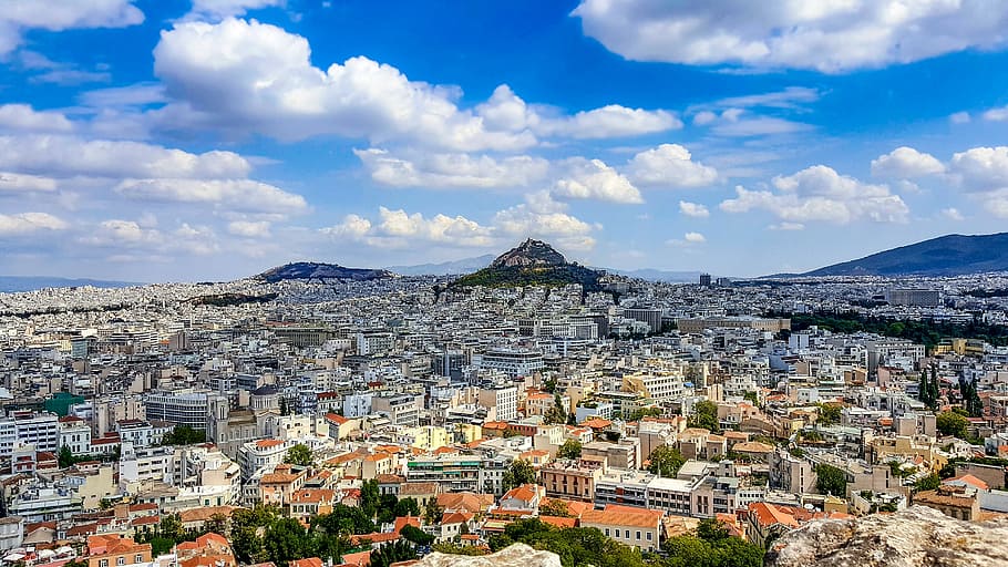 athens, hill, city, view, scenic, vista, sky, clouds, travel