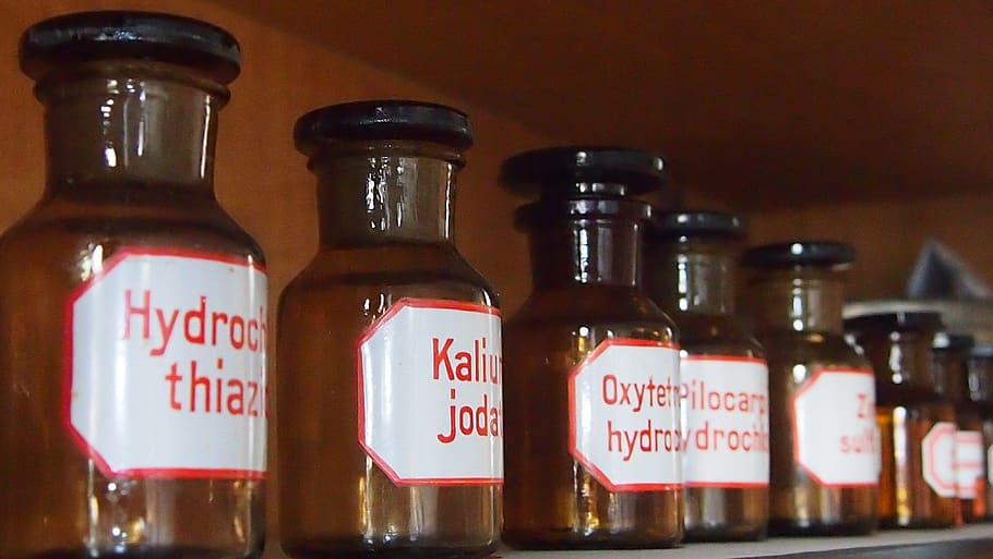 bottle, pharmacy, vessels, container, text, label, indoors HD wallpaper