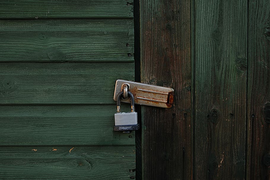 green, wood, padlock, rustic, shed, unlock, rusty, metal, door, HD wallpaper
