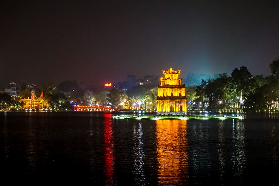 body of water during nighttime, hanoi, new year, vietnamese, asian, HD wallpaper