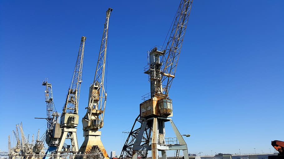 port, cranes, industry, clear sky, blue, sunny, nature, technology HD wallpaper