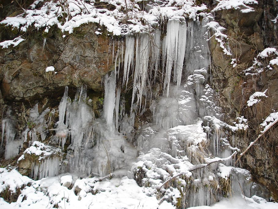 frozen, waterfall, ice, winter, rocks, rural, snow, nature HD wallpaper