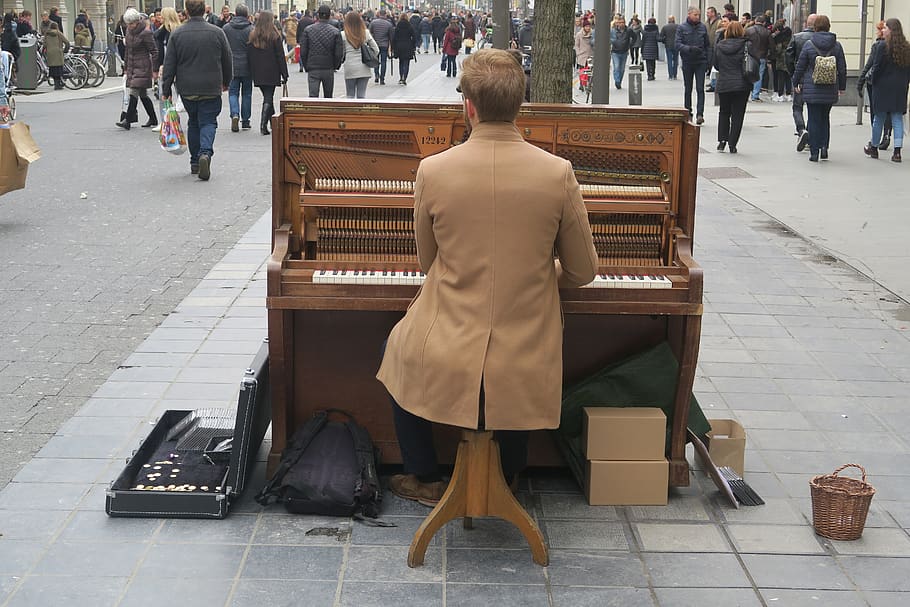 people, group, many, street, city, piano, pianist, musician
