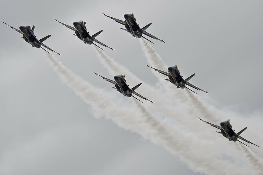 six fighter planes under nimbus clouds, blue angels, navy, precision HD wallpaper