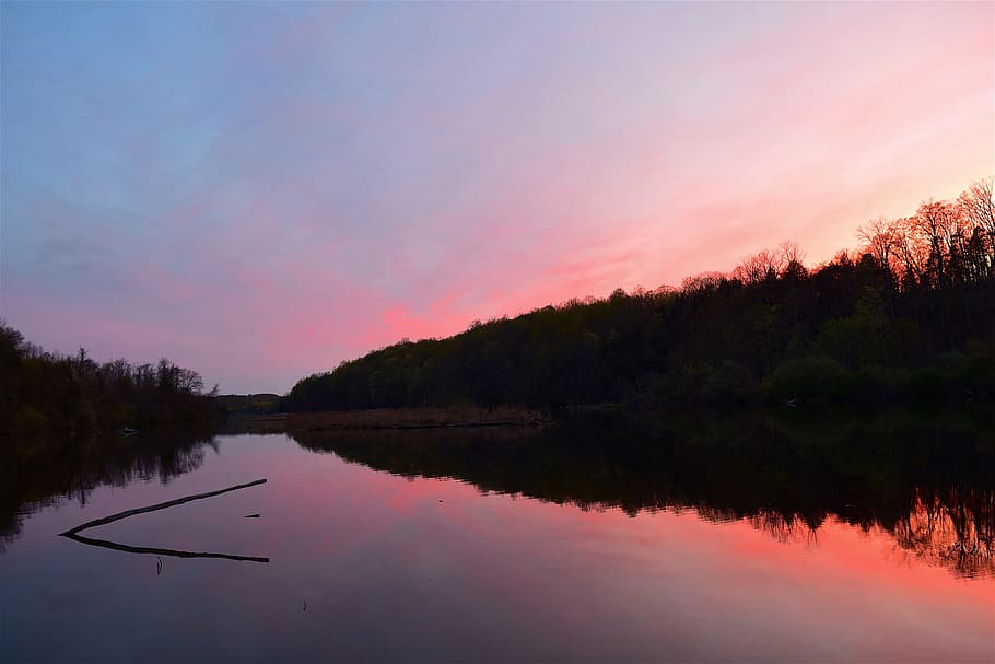 Lake, Sunset, Trees, Mountain, Pink, red, water, landscape HD wallpaper