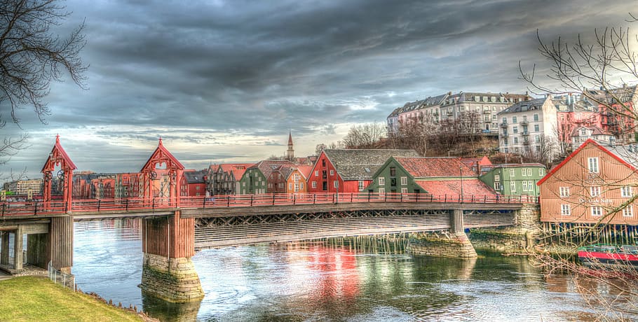 concrete building near body of water with bridge, trondheim, norway, HD wallpaper