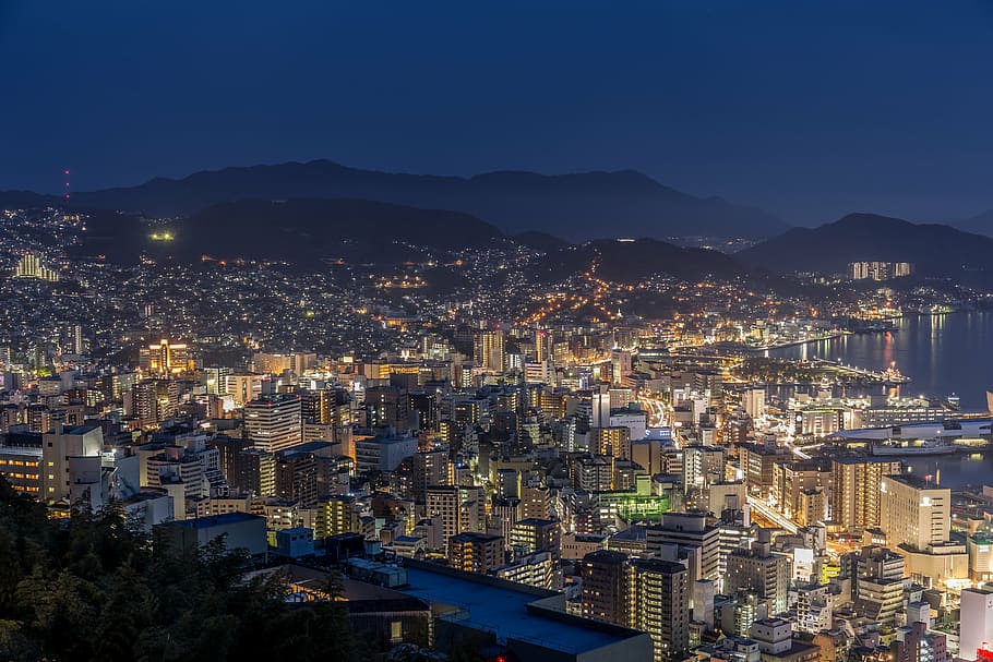 bird's eye view photography of city under nightime, nagasaki, HD wallpaper