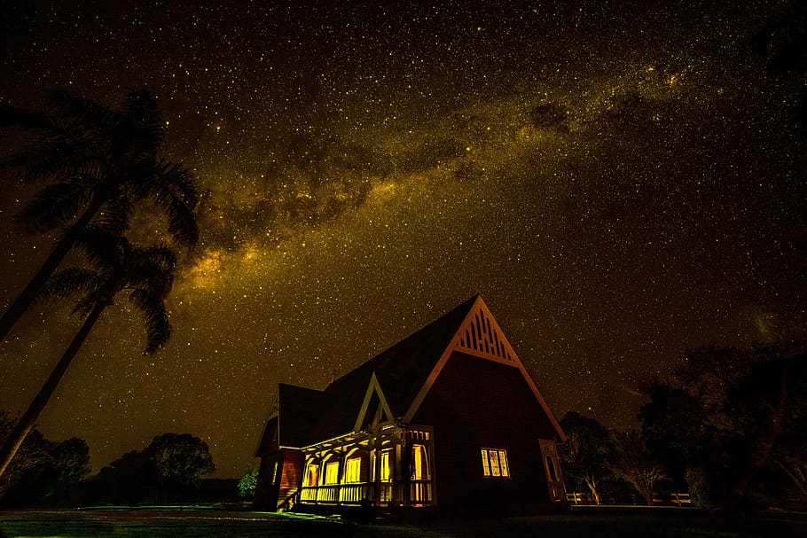 astro photography, stars, milky way, church, night sky, star - space, HD wallpaper