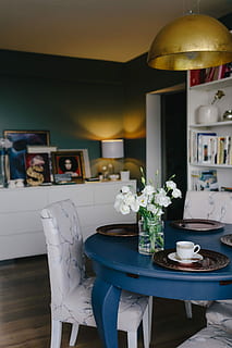 Modern dining room with blue table, interior, interior design HD wallpaper
