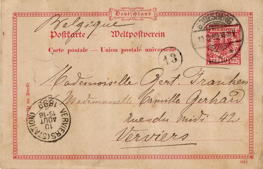brown paper, postcard, nostalgia, old, stamp, germany, font, 1899, HD wallpaper